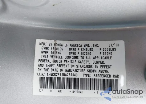 2013 Honda Accord Lx из США, поврежденный, VIN 1HGCR2F31DA265043